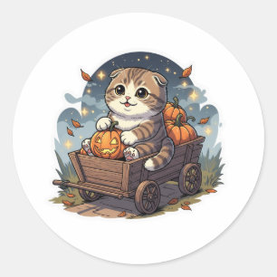 Sticker Rond Panier en Wagon citrouille - Halloween en Chat Pli