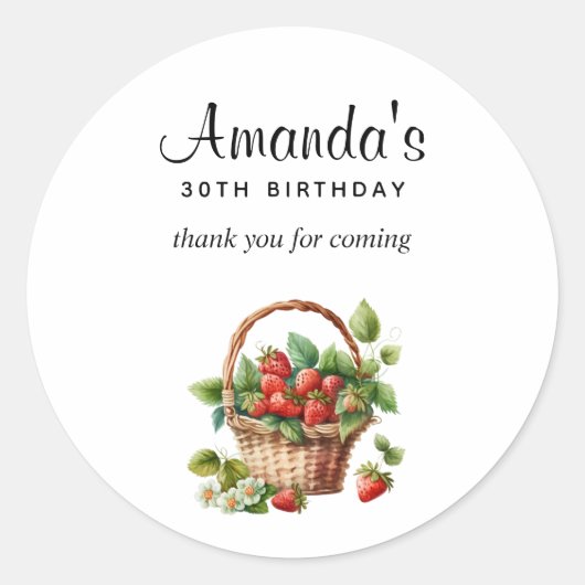 Sticker Rond Panier mignon de fraises Merci d'anniversaire (Devant)