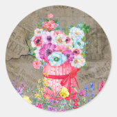 Sticker Rond Panier rouge, Fleurs aquarelles, Journal Vintage (Devant)