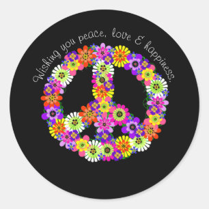 Sticker Rond Panneau de Paix Floral sur Black Peace Love Happin
