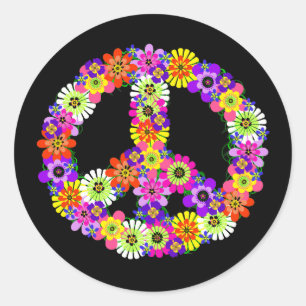 Sticker Rond Panneau de paix Floral sur noir