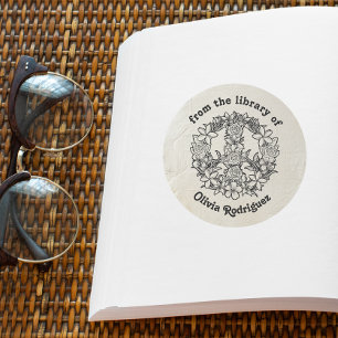 Sticker Rond Panneau de Paix Florale Retro de la Bibliothèque d