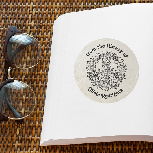 Sticker Rond Panneau de Paix Florale Retro de la Bibliothèque d