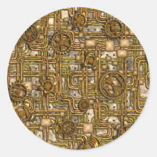 Sticker Rond Panneau de Steampunk - vitesses et tuyaux - laiton