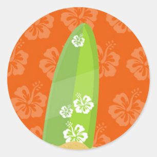 Sticker Rond Panneau de surf vert sur l'arrière - plan orange