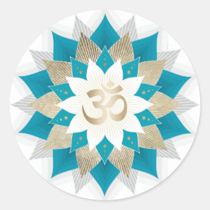 Sticker Rond Panneau or et Turquoise Lotus Floral Namaste Yoga 