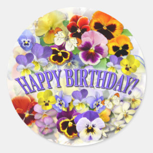 Sticker Rond Pansies colorées avec papillons Joyeux anniversair