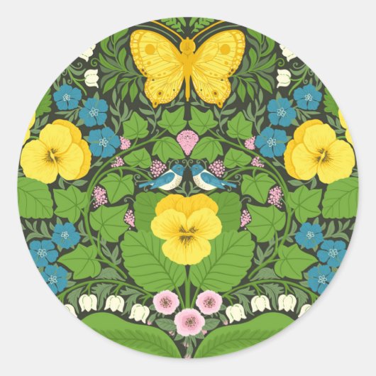 Sticker Rond Pansies jaunes, oiseaux et papillons (Devant)