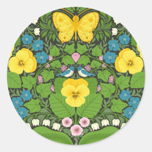Sticker Rond Pansies jaunes, oiseaux et papillons