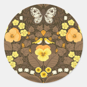 Sticker Rond Pansies jaunes, oiseaux et papillons