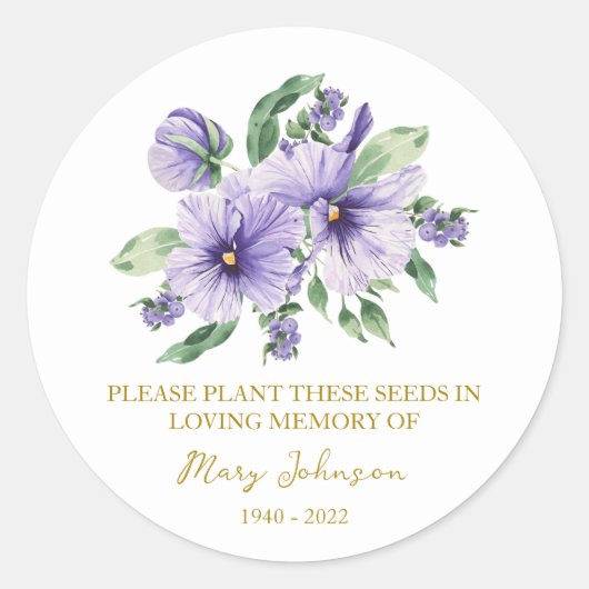 Sticker Rond Pansy Memorial Funeral Seed Packet (Devant)
