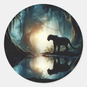 Sticker Rond Panthère noire reflétée dans la piscine d'eau dans