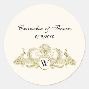 Sticker Rond Paons vintage monogramme or faux ivoire BG