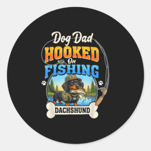 Sticker Rond Papa chien accro à la pêche teckel chien pêcheur