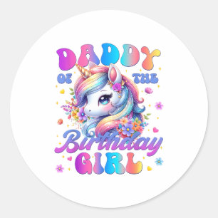 Sticker Rond Papa de la fille d'anniversaire Licorne Fleur Fami