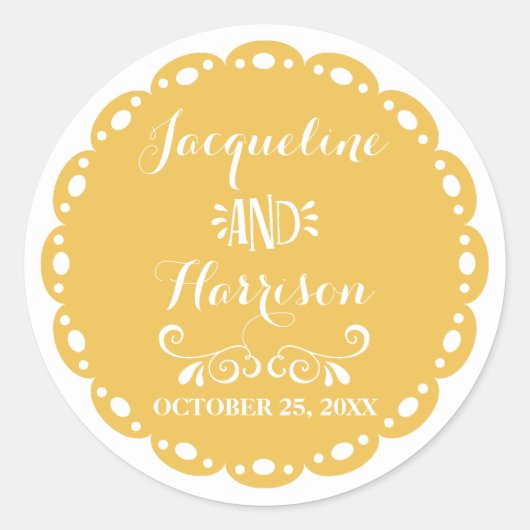 Sticker Rond Papel Picado Enveloppe Sceau Fiesta Jaune Mariage (Devant)