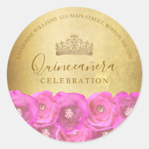 Sticker Rond Papier à lettre de retour Quinceañera Fleur Rose P