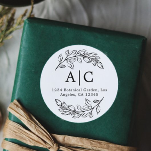 Sticker Rond Papier à lettres minimal noir et blanc avec feuill