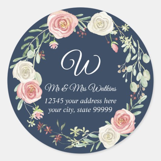 Sticker Rond Papier à lettres Retour Adresse Monogramme Fleurs  (Devant)