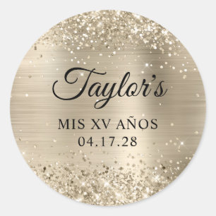 Sticker Rond Papier alu Champagne Pailleté Fête Mis XV Ans Anni