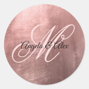Sticker Rond Papier alu Or Rose Faux Brill Monogramme Mariage F