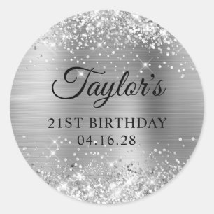Sticker Rond Papier Aluminium Argent Pailleté 21e Anniversaire