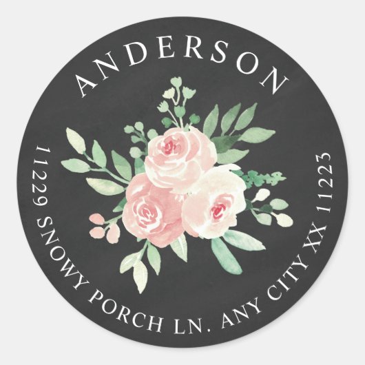 Sticker Rond Papier Ardoise Fleurs Rose Blush adresse de retour (Devant)