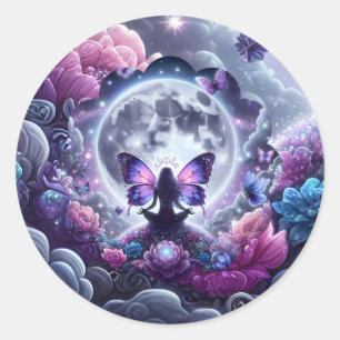Sticker Rond Papier fantaisie pleine lune papillon féerique zen
