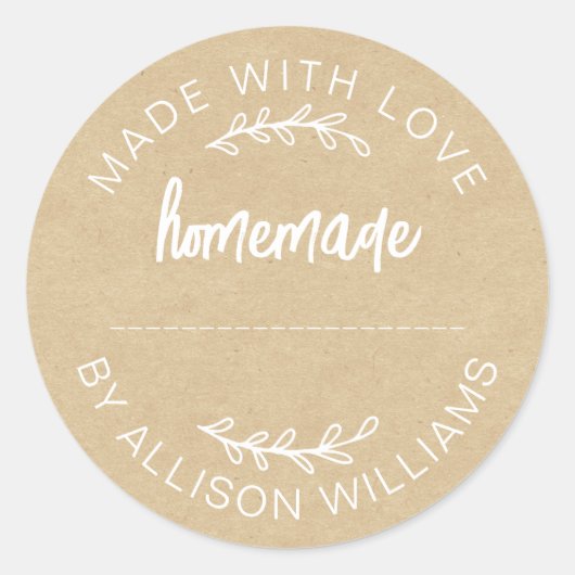 Sticker Rond Papier Kraft Fabriqué Avec Amour Pot de Nourriture (Devant)