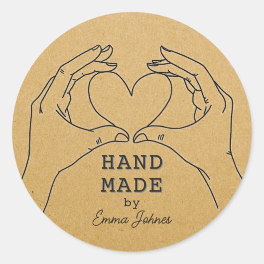 Sticker Rond Papier Kraft Fait Main Coeur Mains Artisanat Perso (Devant)