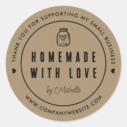Sticker Rond Papier Kraft fait maison avec Merci d'amour (Devant)