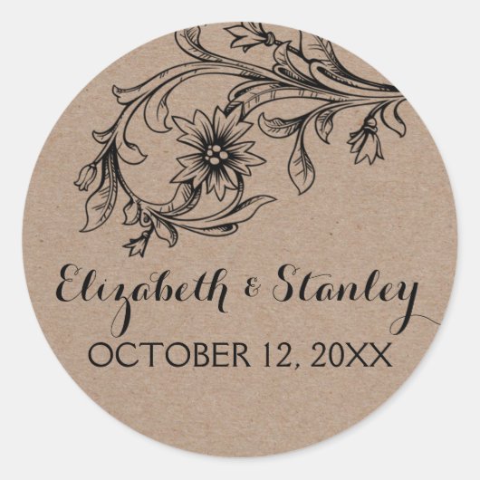 Sticker Rond Papier Kraft mariage floral rustique Enregistrer l (Devant)