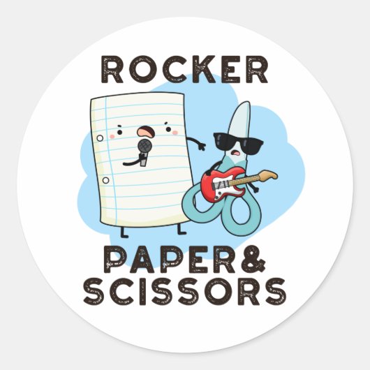 Sticker Rond Papier Rocker Et Ciseaux Drôle Jeu Pun (Devant)