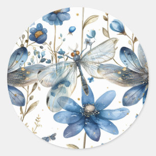 Sticker Rond Papier timbré enveloppe dragonfly floral bleu