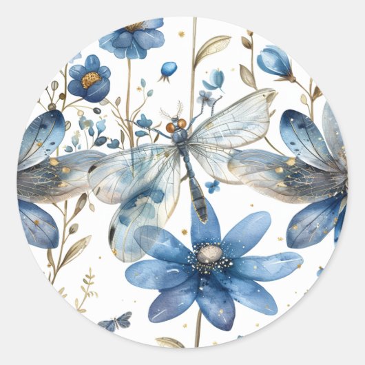 Sticker Rond Papier timbré enveloppe dragonfly floral bleu (Devant)