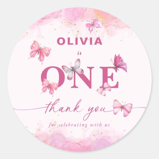 Sticker Rond Papillon 1er anniversaire Pink Gold Dust Merci (Devant)