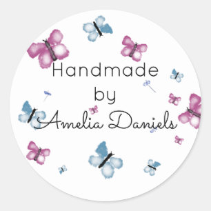 Sticker Rond Papillon à l'aquarelle rose et bleu fait main par