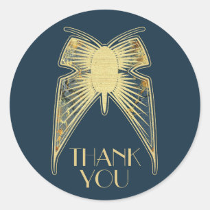Sticker Rond Papillon Art déco Bleu Or "Merci"