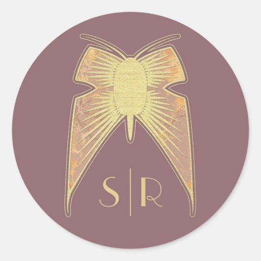 Sticker Rond Papillon Art déco Monogramme Or rose (Devant)