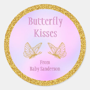 Sticker Rond Papillon blanc rose et or baby shower