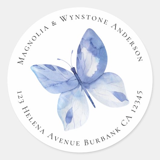 Sticker Rond Papillon bleu Adresse de retour simple (Devant)