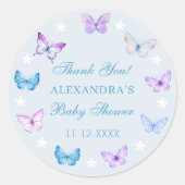 Sticker Rond Papillon bleu Dusty Boho Baby shower Merci (Devant)