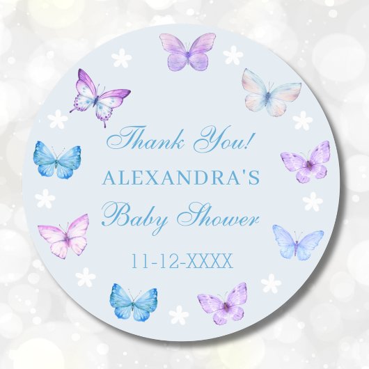 Sticker Rond Papillon bleu Dusty Boho Baby shower Merci