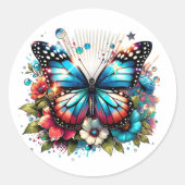 Sticker Rond Papillon bleu et fleurs (Devant)