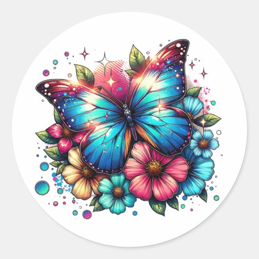 Sticker Rond Papillon bleu et fleurs (Devant)