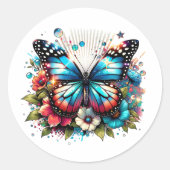 Sticker Rond Papillon bleu et fleurs (Devant)