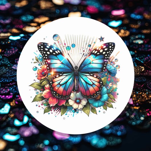 Sticker Rond Papillon bleu et fleurs