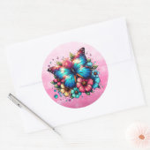 Sticker Rond Papillon bleu et fleurs roses (Enveloppe)