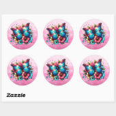 Sticker Rond Papillon bleu et fleurs roses (Feuille)