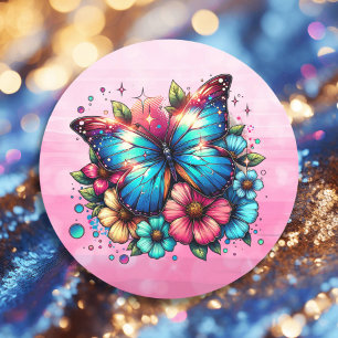 Sticker Rond Papillon bleu et fleurs roses